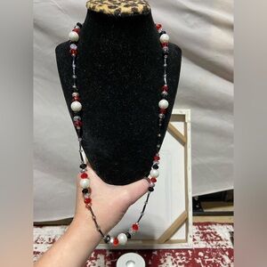 Red, Black and White Beaded Necklace, Faceted Beads and Faux Pearls